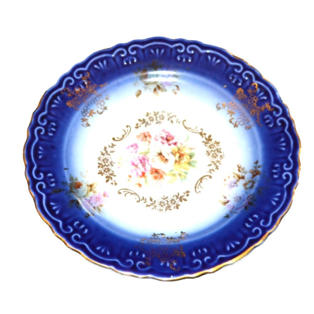 Vintage P.M. Bavaria Flow Blue Plate With Floral Center Home Decor Grandma Core